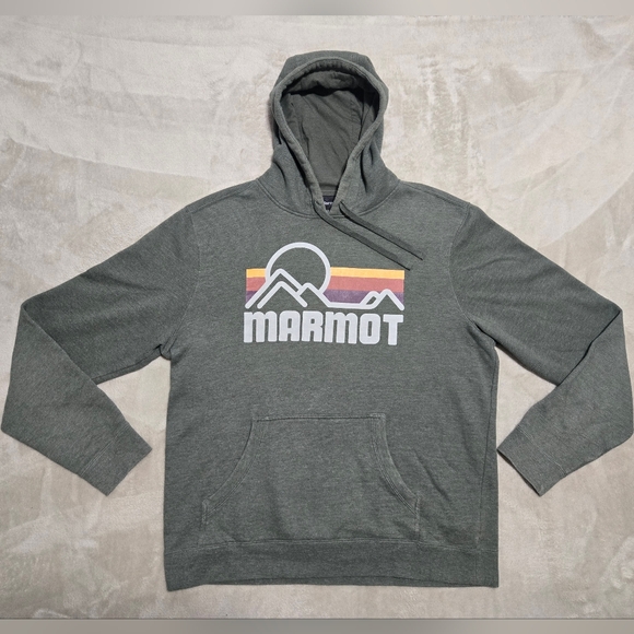 Marmot Hoodie Mens Sz L Heather Green Hooded Sweatshirt Outdoor Hiking Camping - Picture 2 of 7